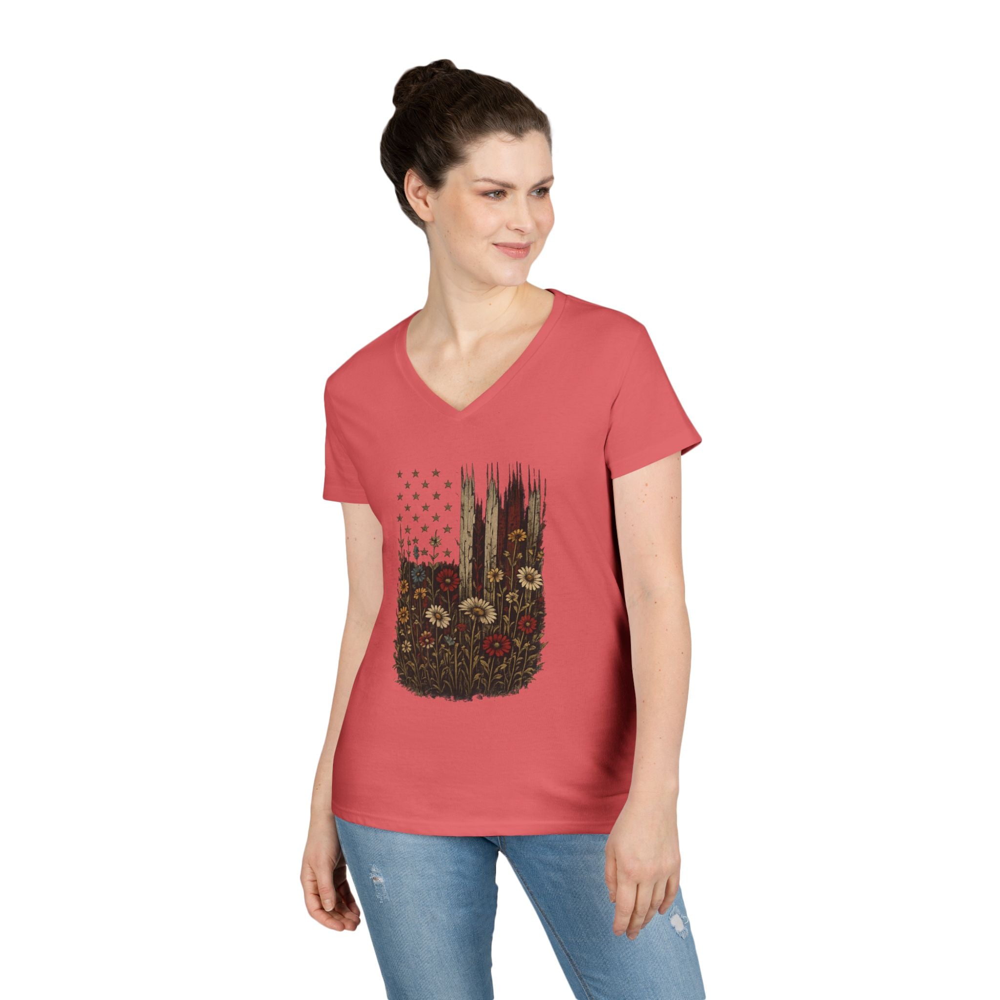 Wrapped in Old Glory-Ladies' V-Neck T-Shirt — Patriotic Sunflower Flag Graphic Tee