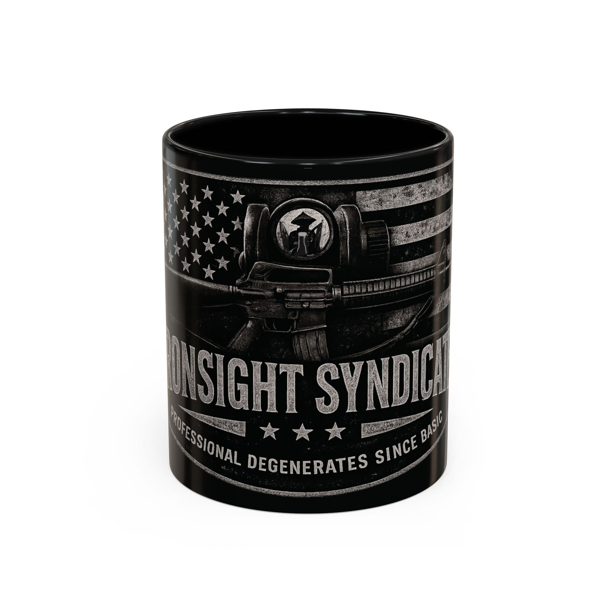 Tactical Coffee Mug — 'Ironsight Syndicate' Black Accent Military Flag Design (11/15oz)