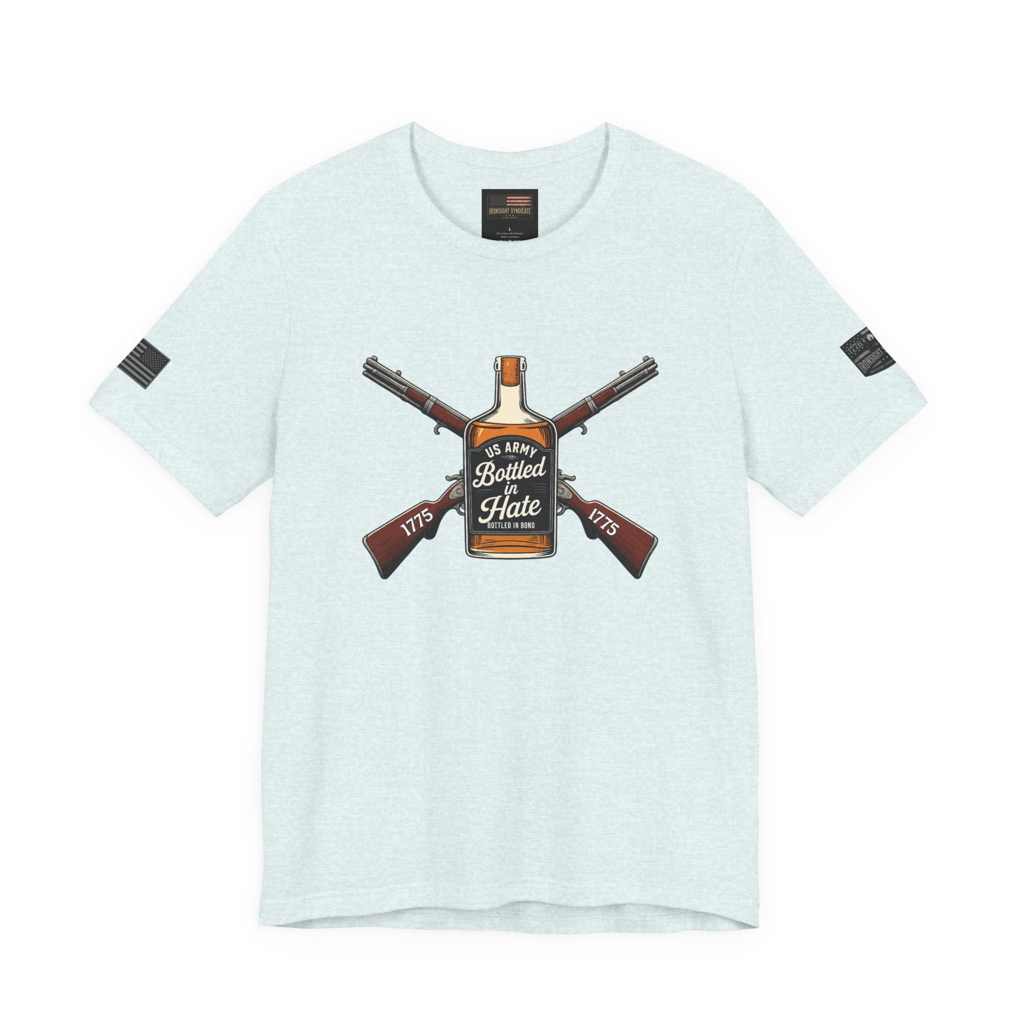 Bottled in Hate Army Whiskey T-Shirt - Heather Ice Blue | Ironsight Syndicate
