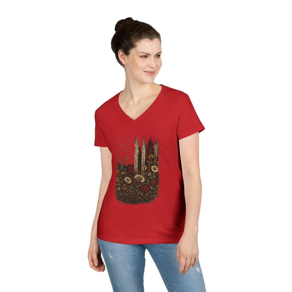 Wrapped in Old Glory-Ladies' V-Neck T-Shirt — Patriotic Sunflower Flag Graphic Tee