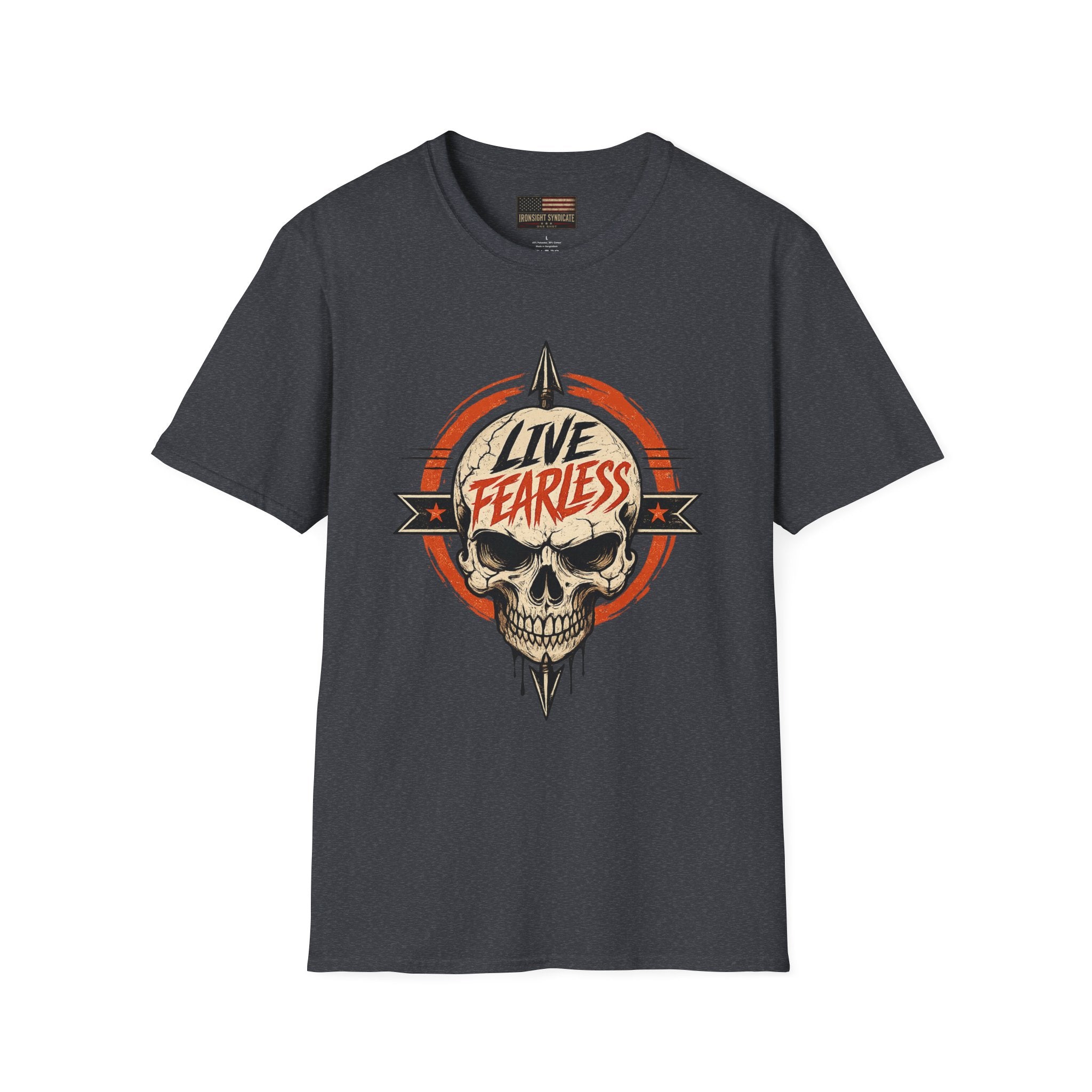 Live Fearless Skull Military T-Shirt (Front and Back) - Dark Heather Grey | Ironsight Syndicate