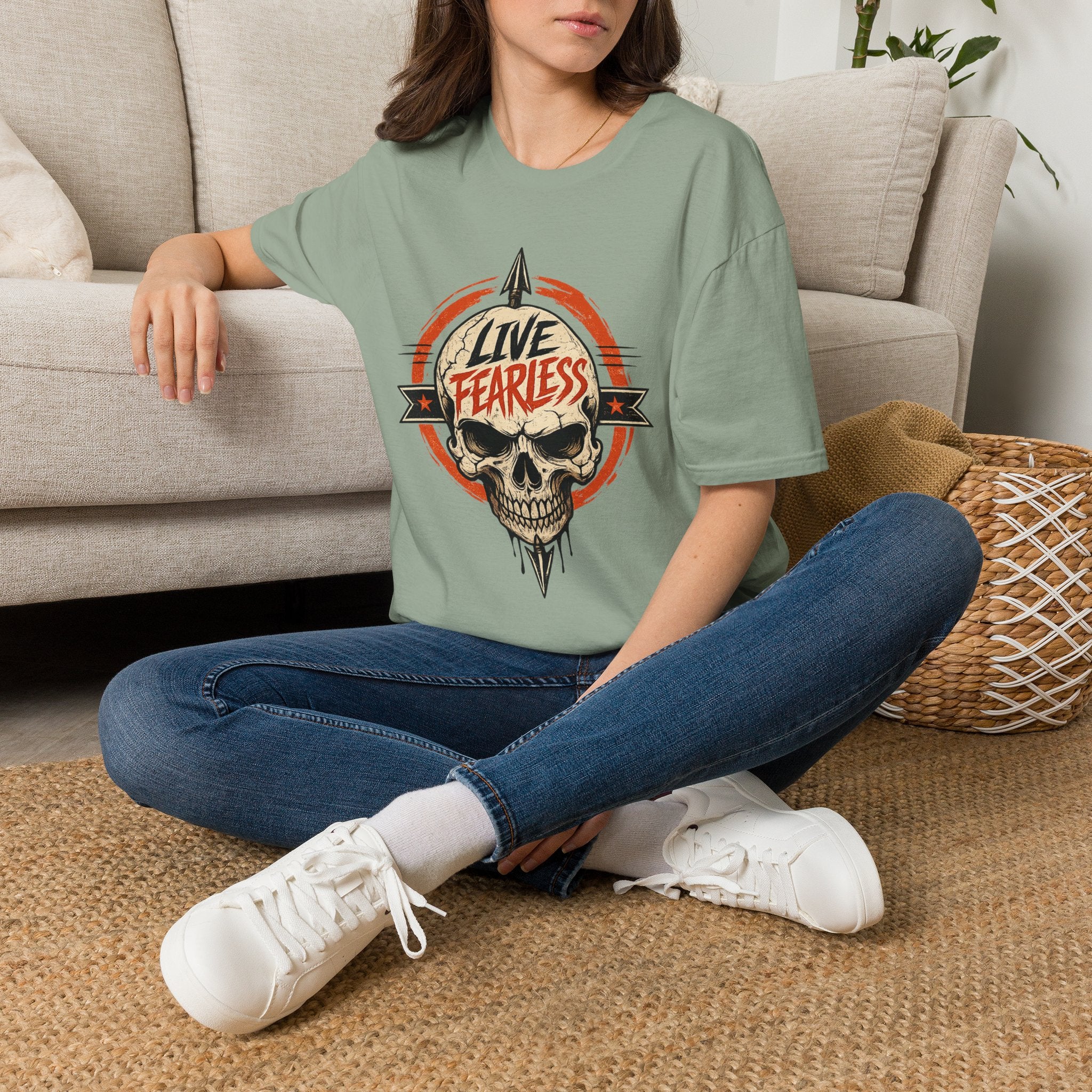 Live Fearless Skull Military T-Shirt (Front and Back) - Sage | Ironsight Syndicate