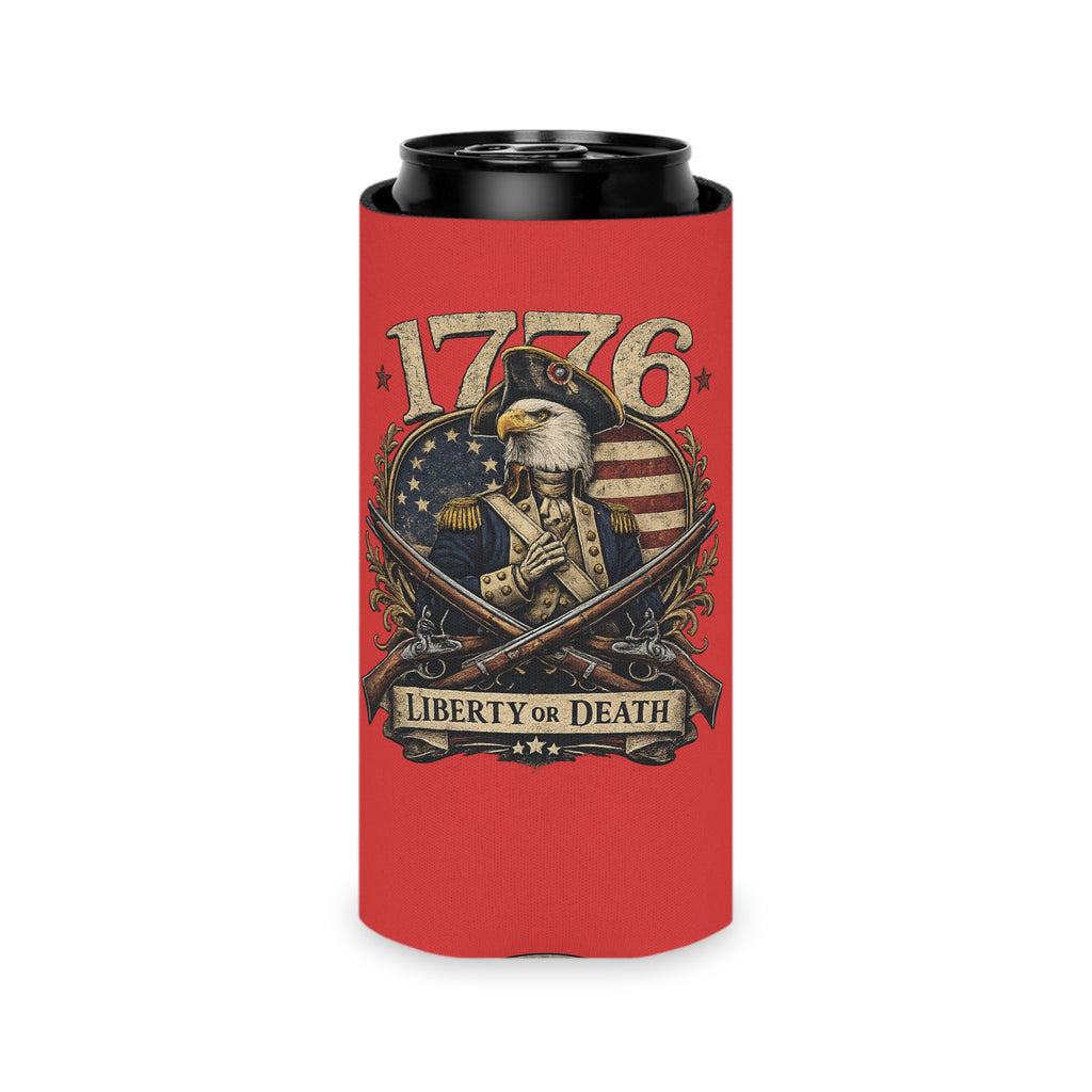 1776 Liberty or Death Patriotic Can Cooler | American Flag Skeleton Beer Koozie for Veterans & Patriots