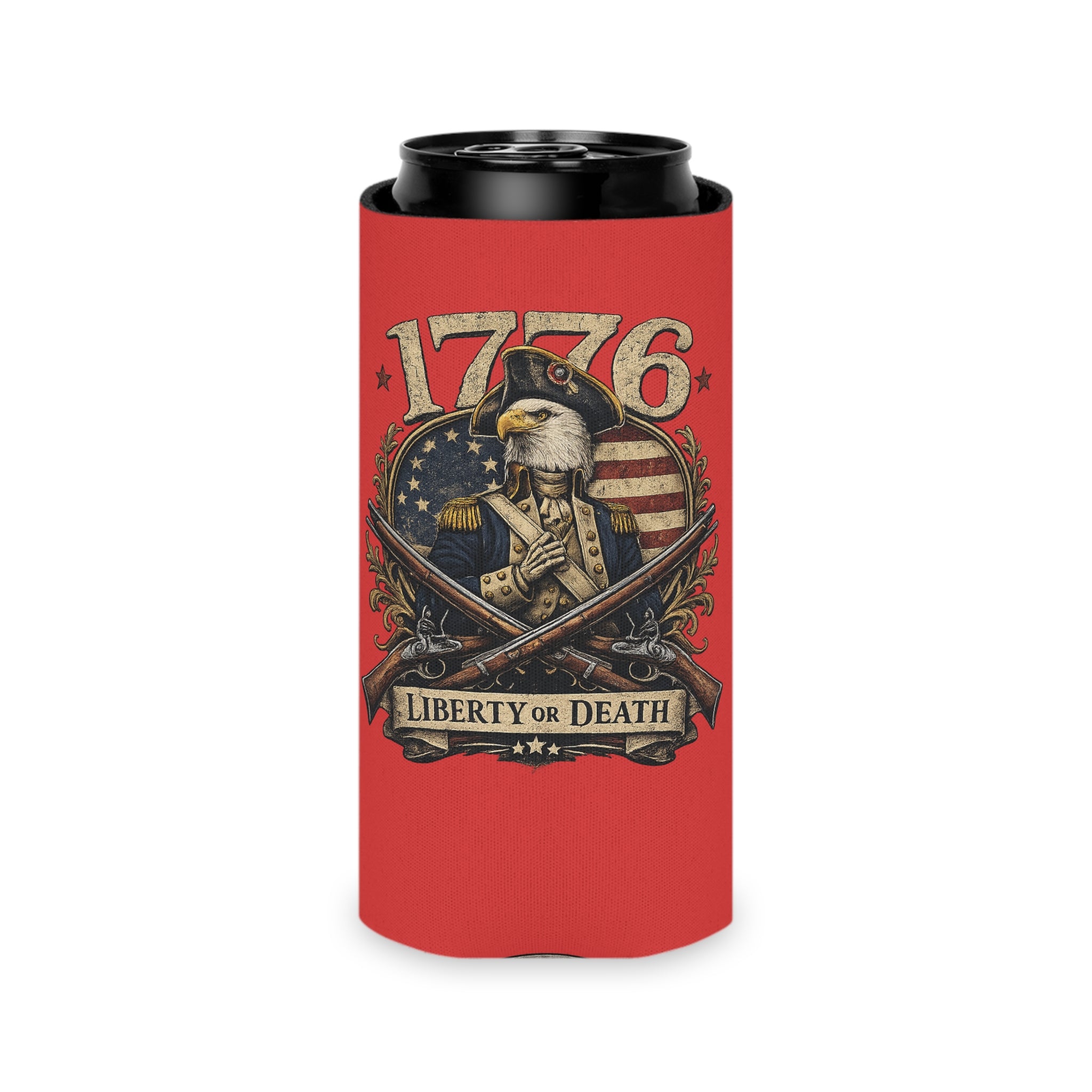 1776 Liberty or Death Patriotic Can Cooler | American Flag Skeleton Beer Koozie for Veterans & Patriots