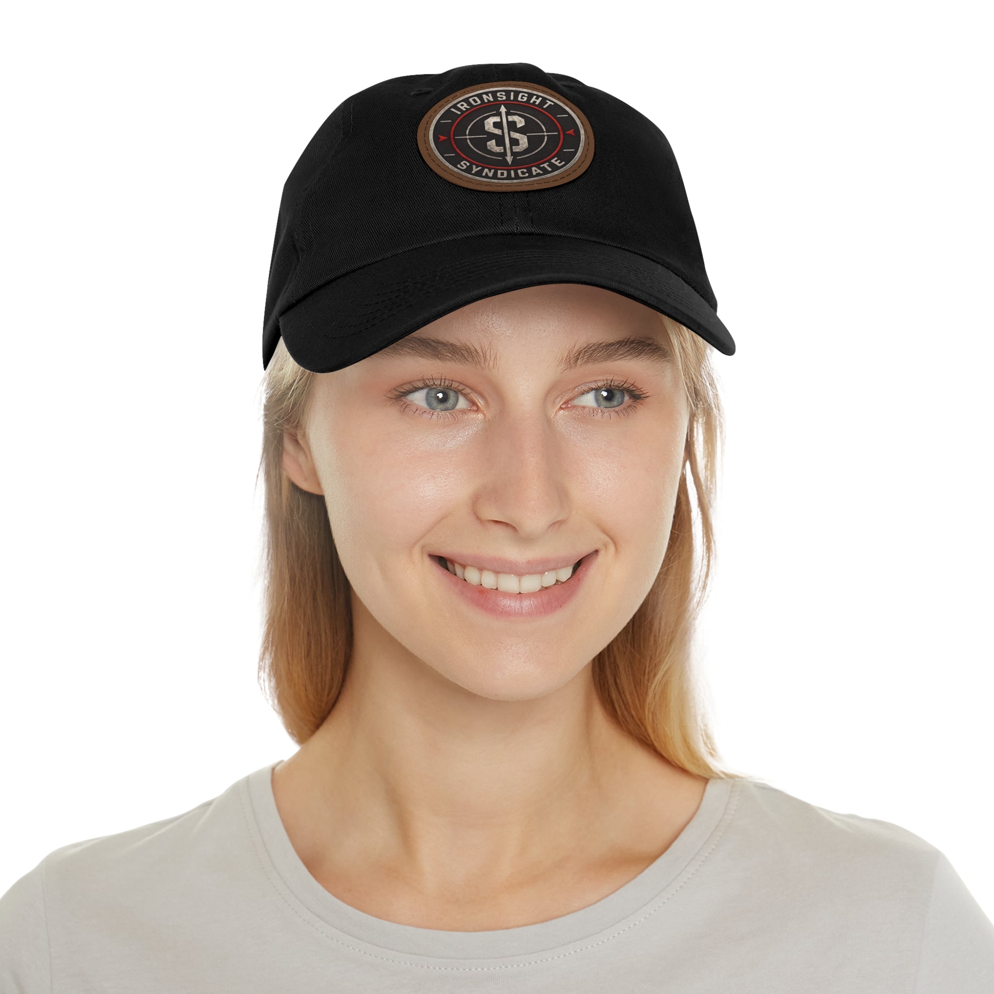 Embroidered Round Leather Patch Dad Hat – Ironsight Syndicate Logo