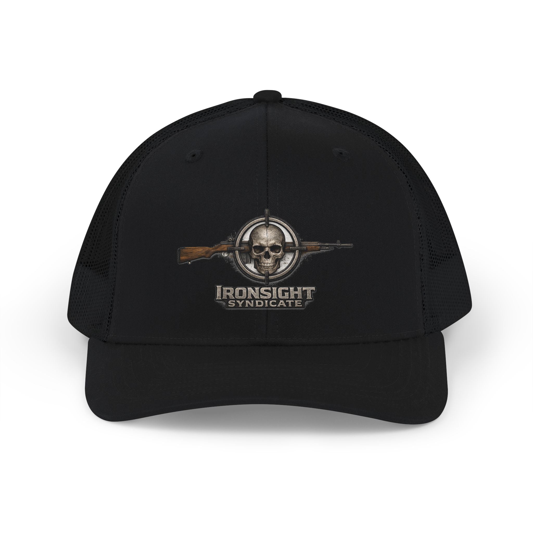 Ironsight Syndicate Trucker Cap - Vintage Military Snapback Hat - Black / Black | Ironsight Syndicate