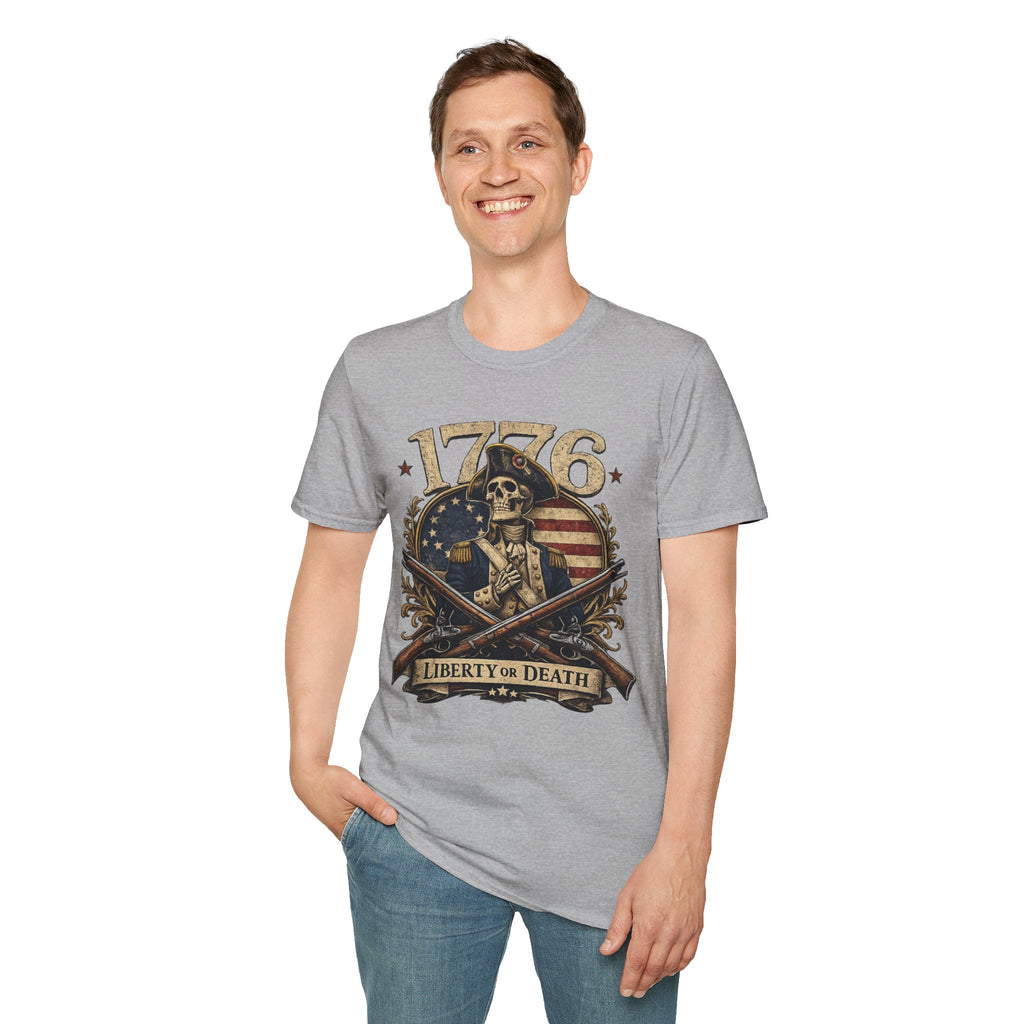 1776 Liberty or Death T-Shirt — Patriotic Revolutionary War Skull Tee
