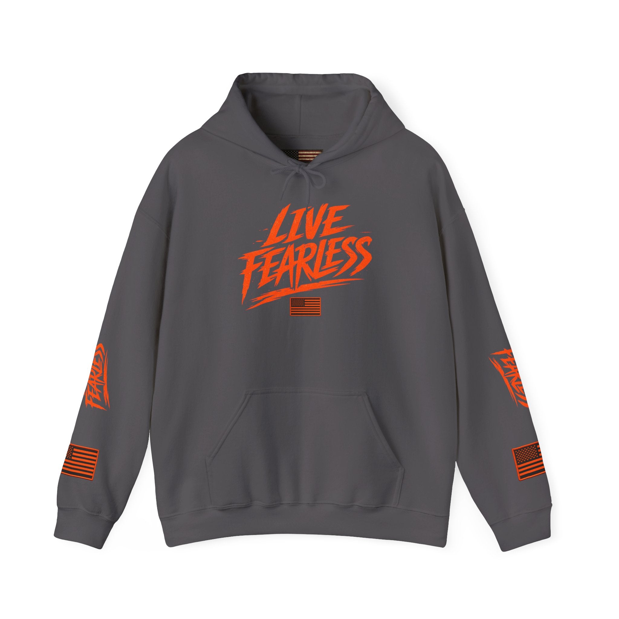 Live Fearless Hoodie (Orange)| Premium Heavy Weight-Military-Inspired Patriotic Hoodie - Charcoal | Ironsight Syndicate