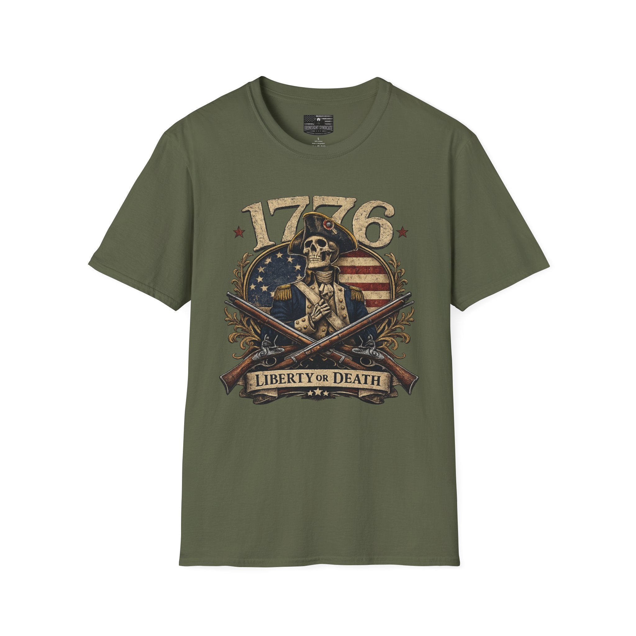 1776 Liberty or Death T-Shirt — Patriotic Revolutionary War Skull Tee