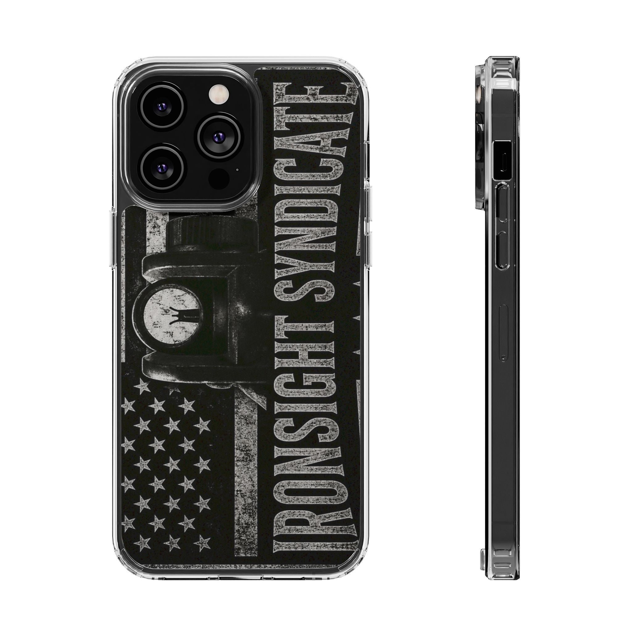 Clear Impact-Resistant Phone Case — "Ironsight Syndicate" Vintage Patriot Design
