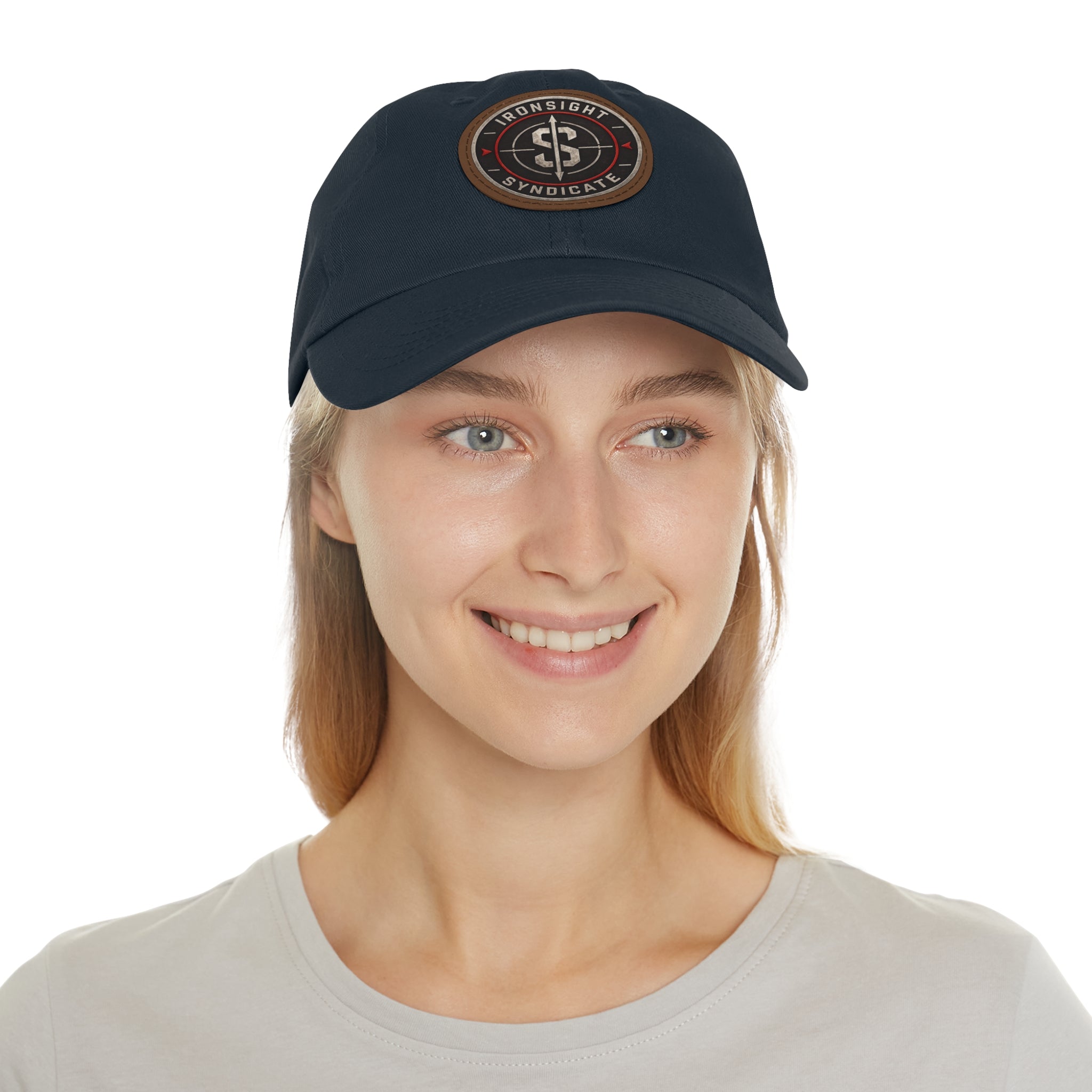 Embroidered Round Leather Patch Dad Hat – Ironsight Syndicate Logo