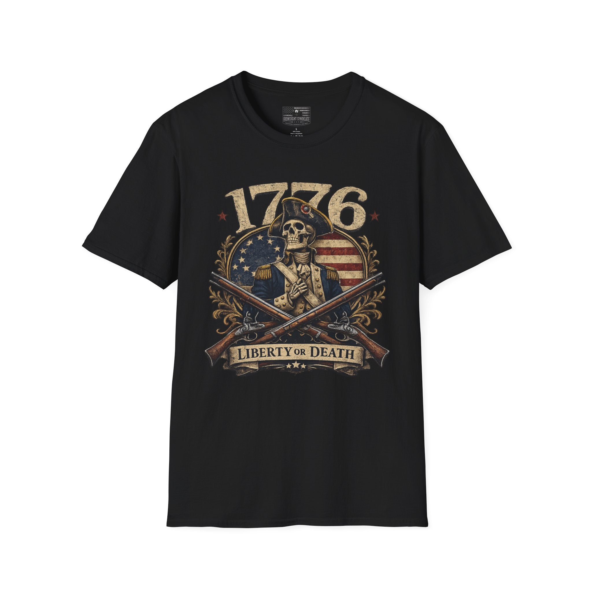 1776 Liberty or Death T-Shirt — Patriotic Revolutionary War Skull Tee