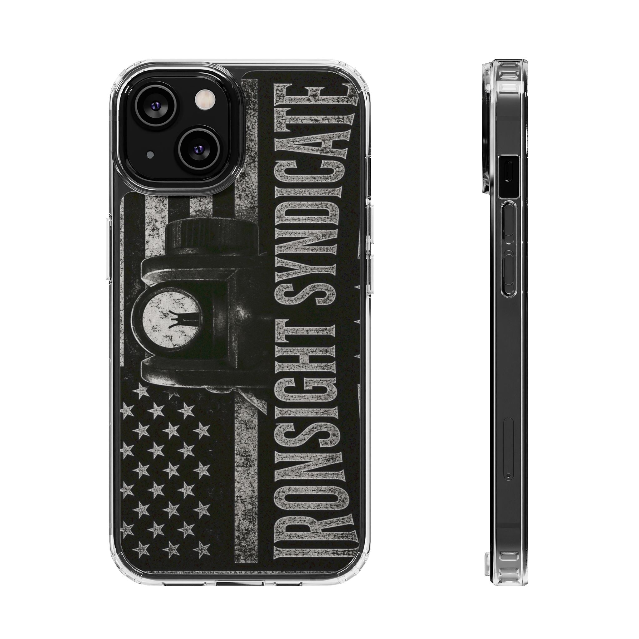 Clear Impact-Resistant Phone Case — "Ironsight Syndicate" Vintage Patriot Design
