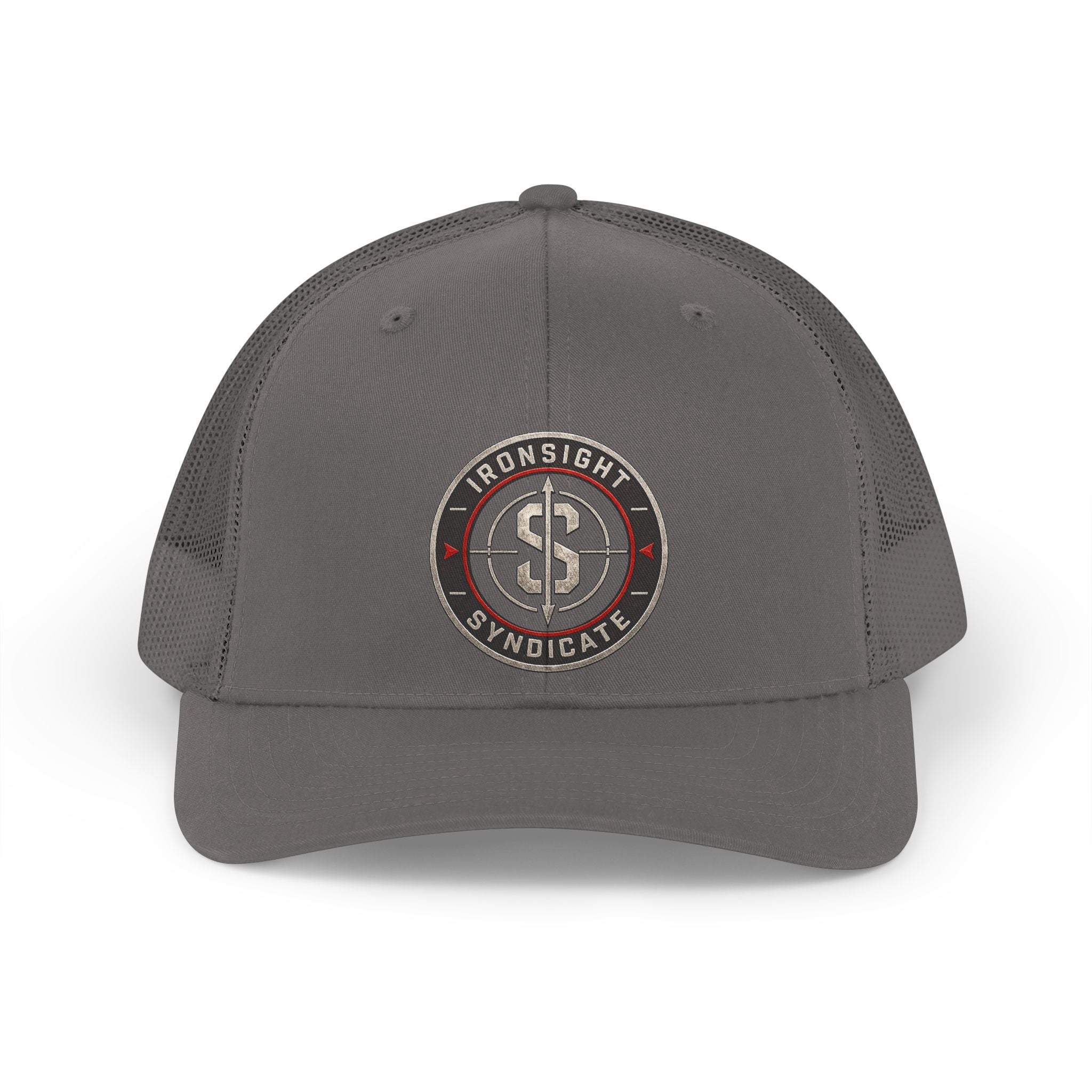 Retro Trucker Hat – Ironsight Syndicate Distressed Logo  | Patriotic USA Snapback Mesh Cap for Veterans & Patriots