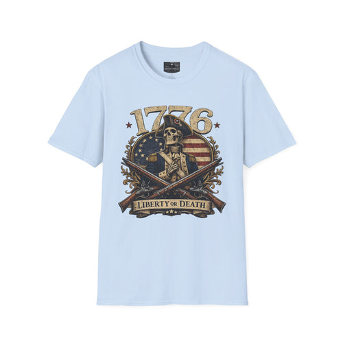 1776 Liberty or Death Skull T-Shirt - Light Blue / S | Ironsight Syndicate