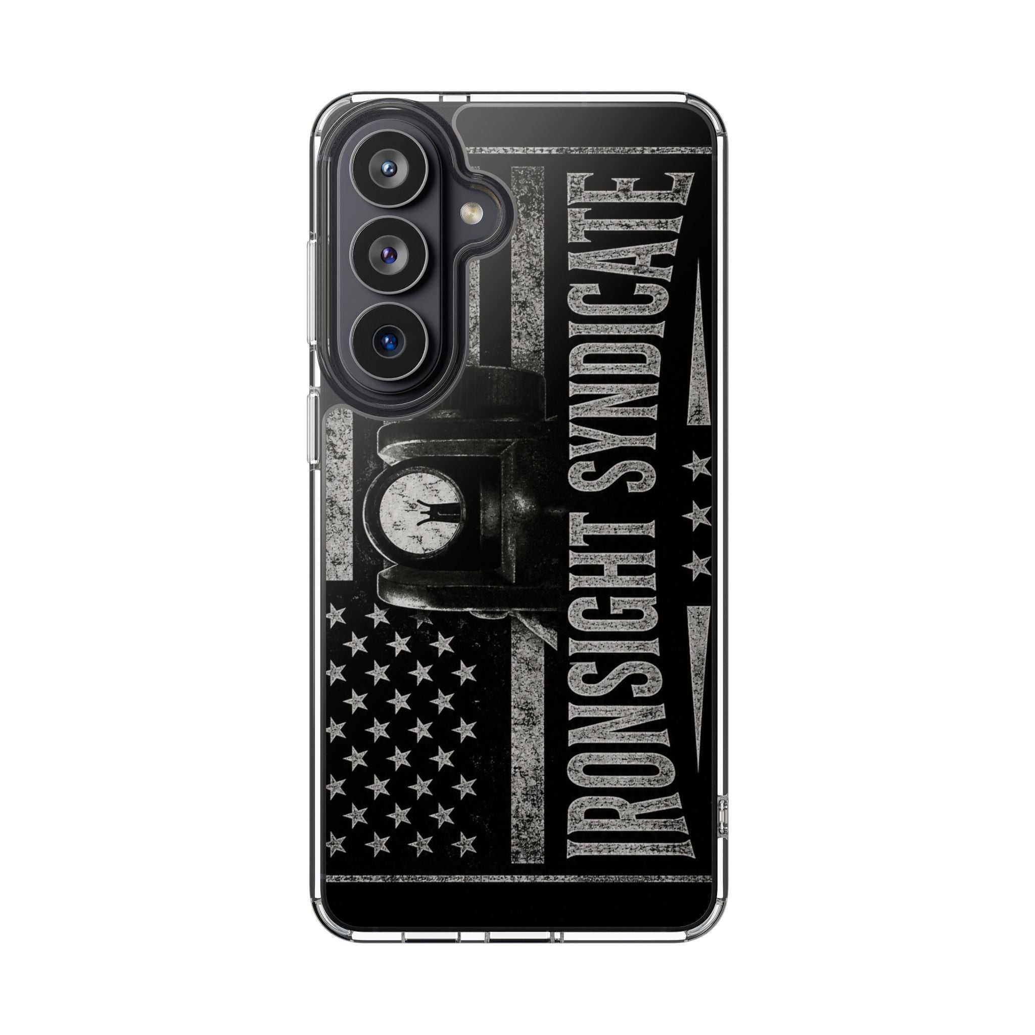 Clear Impact-Resistant Phone Case — "Ironsight Syndicate" Vintage Patriot Design