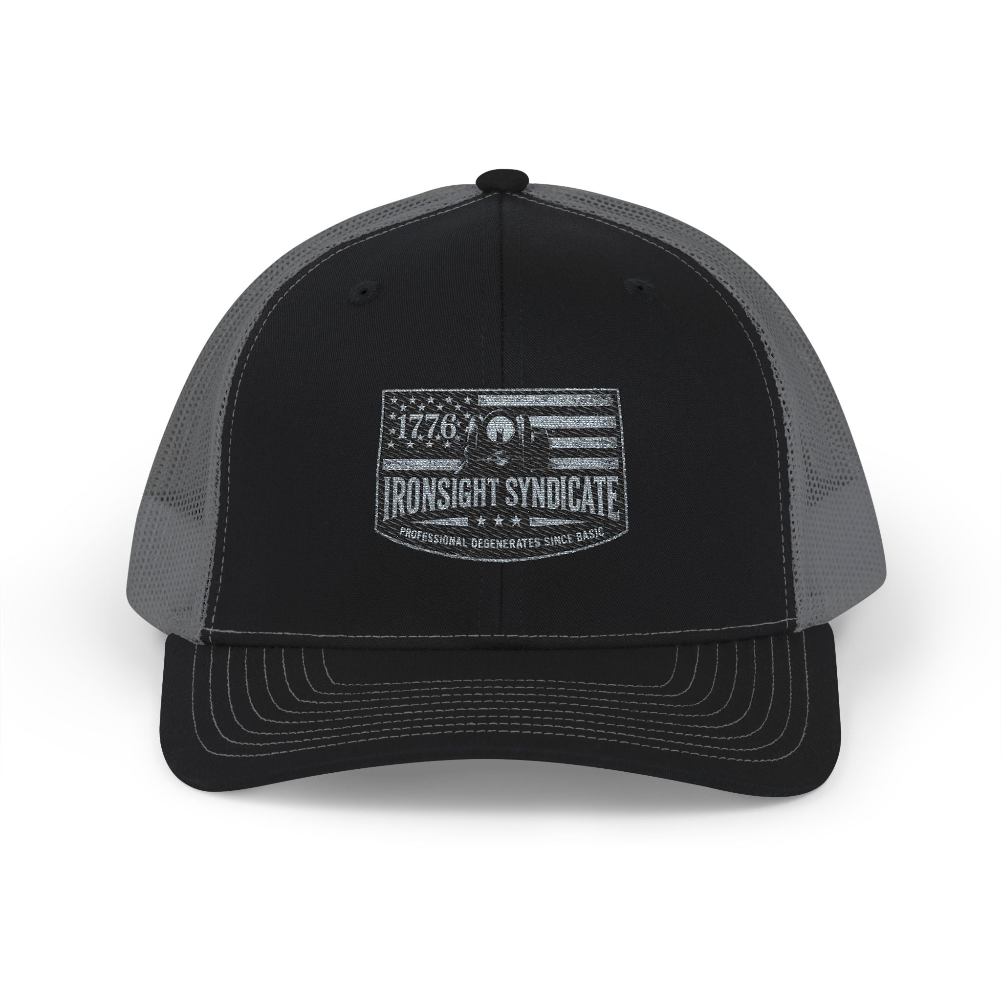 Iron Sight Syndicate 1776 American flag embroidered Trucker Cap