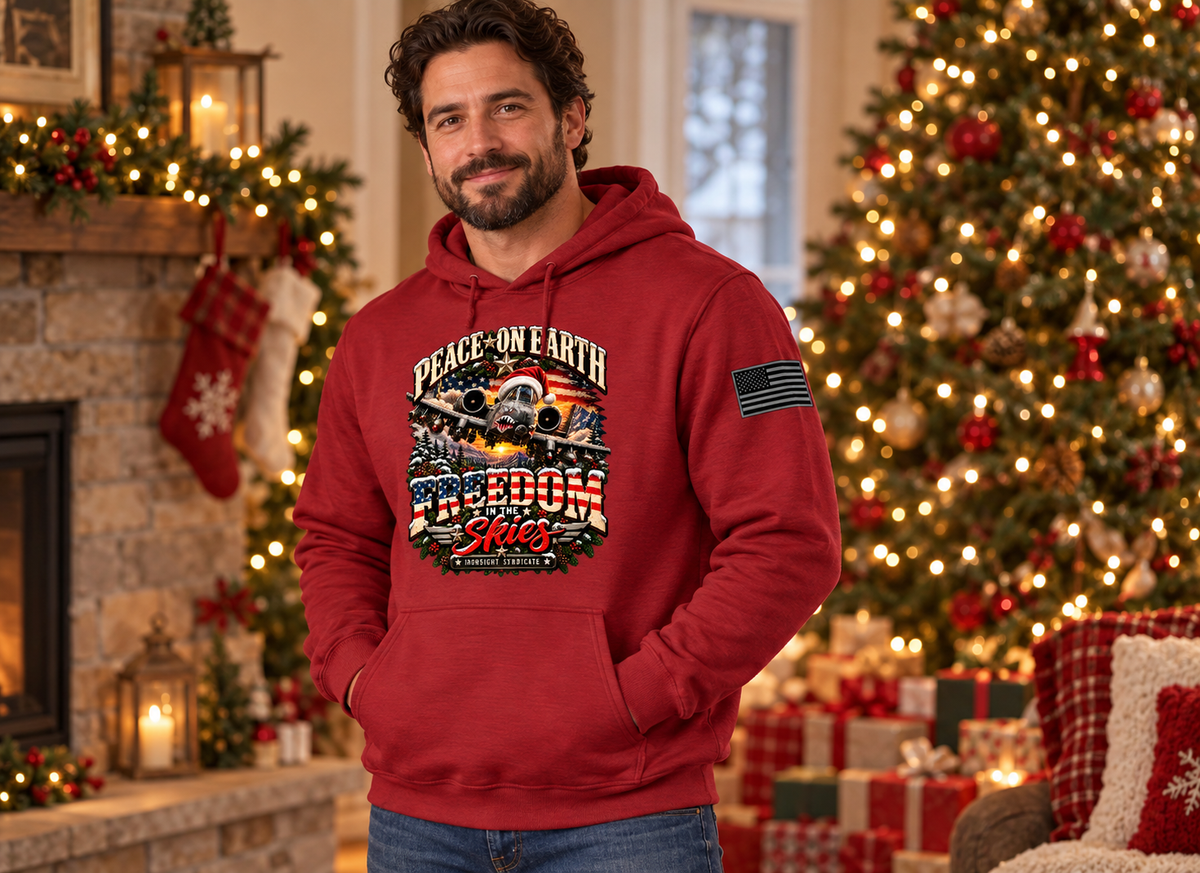 Freedom in the Skies A-10 Christmas Hoodie - Lifestyle Photo (Cherry Red) | Ironsight Syndicate