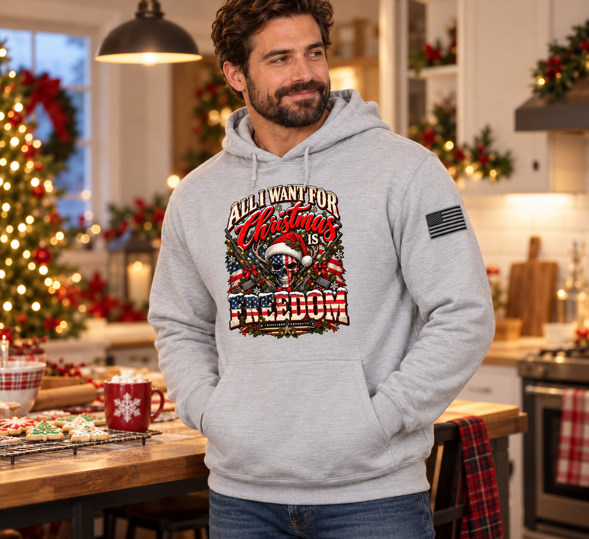 All I Want for Christmas Is Freedom Hoodie (Skull Edition) - Lifestyle Photo (Ash) | Ironsight Syndicate