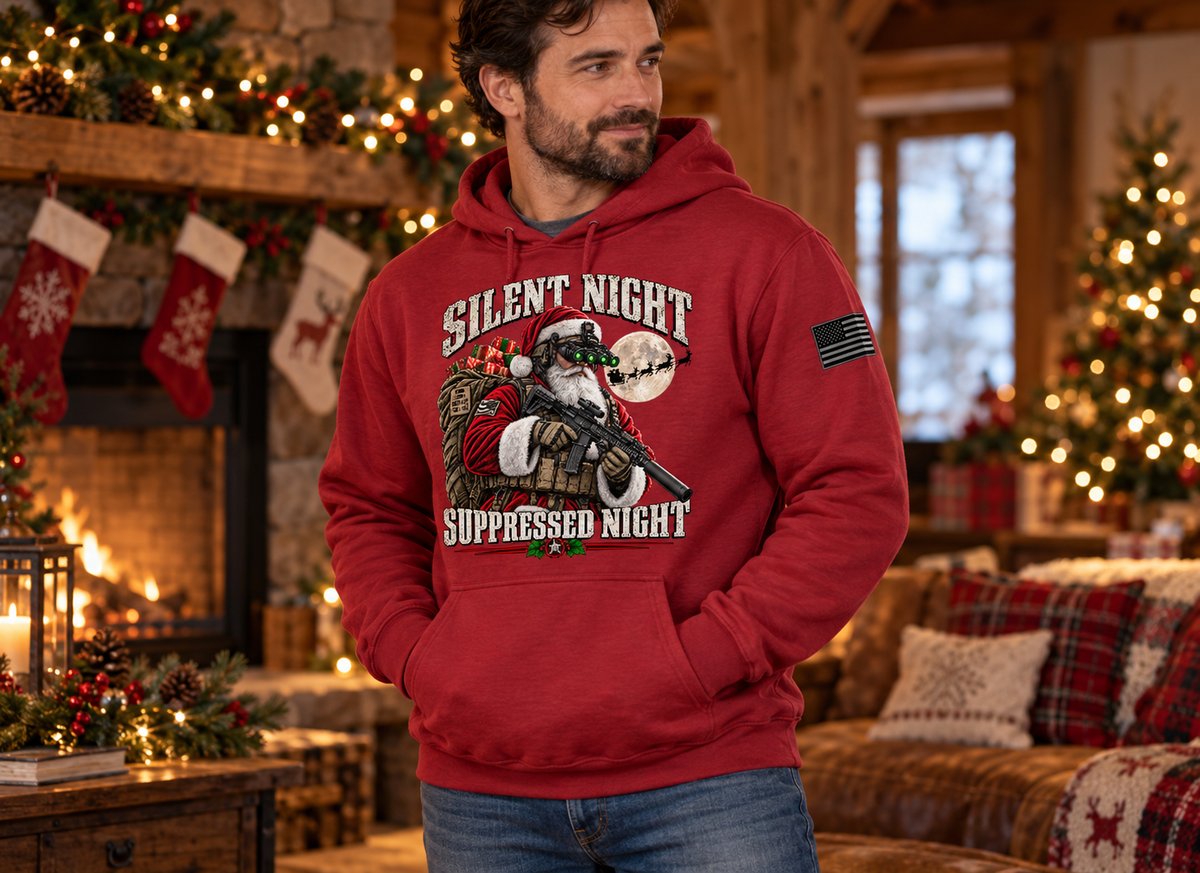 Silent Night Suppressed Night Hoodie - Lifestyle Photo (Cherry Red) | Ironsight Syndicate