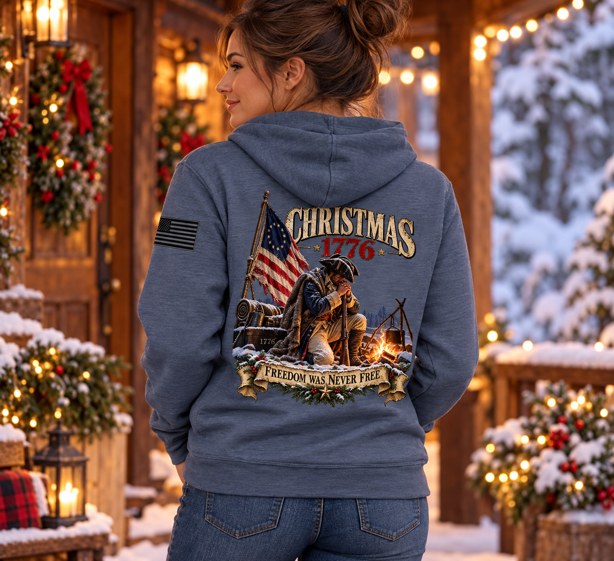Christmas 1776 Hoodie - Lifestyle Photo (Back Print) | Ironsight Syndicate