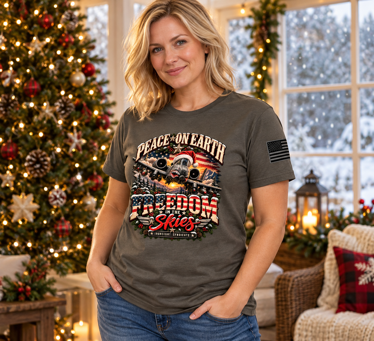 Freedom in the Skies A-10 Christmas T-Shirt - Lifestyle Photo (Army) | Ironsight Syndicate