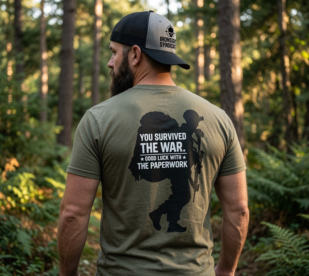 You Survived the War, Good Luck with the Paperwork T-Shirt (Black Graphic)