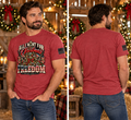 All I Want for Christmas Is Freedom T-Shirt - Lifestyle Photo (Front and Back, Red) | Ironsight Syndicate