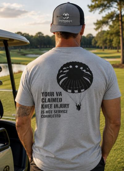 VA Knee injury claim is not service connected T-Shirt (Black Graphic) | Ironsight Syndicate