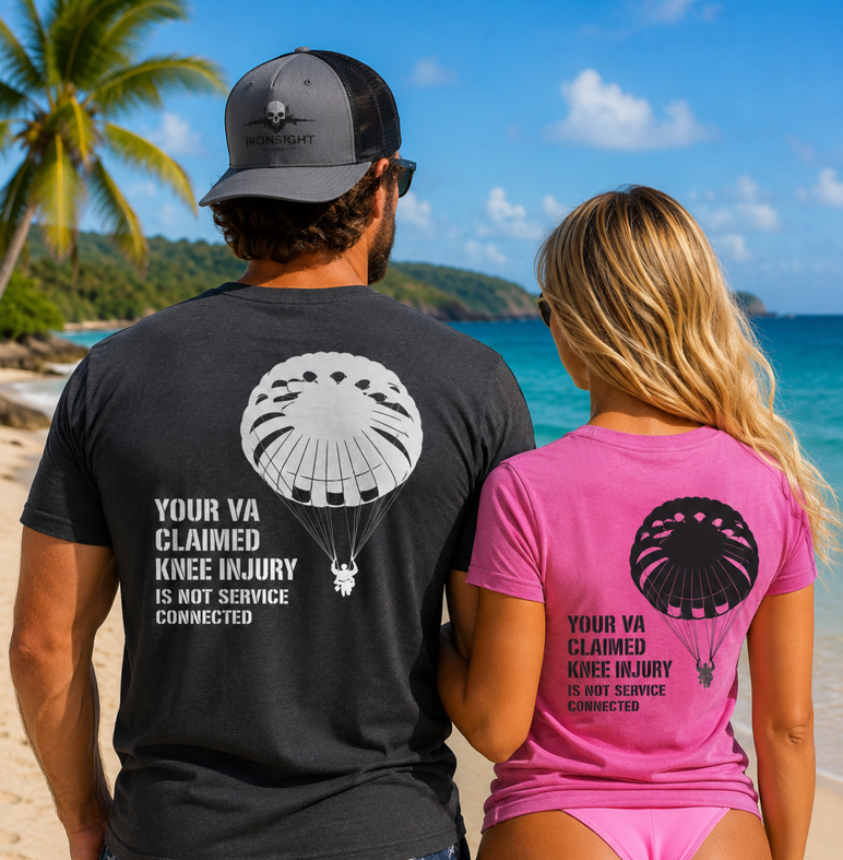 VA Knee Injury is not Service Connected T-Shirt (White Graphic)