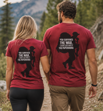 You Survived the War, Good Luck with the Paperwork T-Shirt (Black Graphic)
