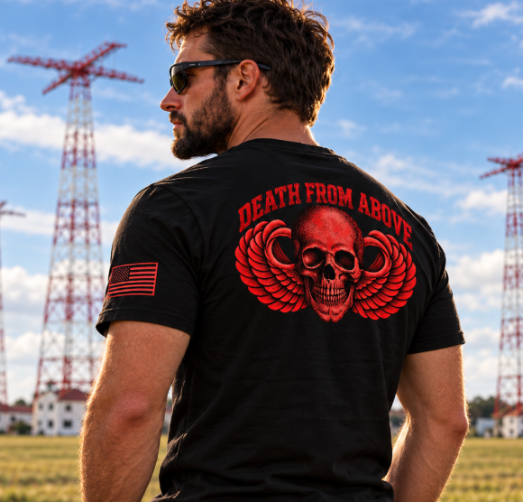 Airborne Death From Above T-Shirt (Red) - Lifestyle Photo (Back Print) | Ironsight Syndicate