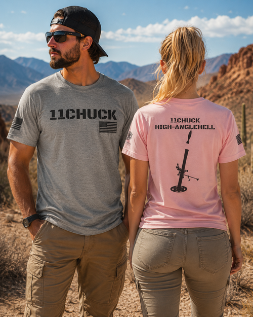 11Chuck Indirect Fire Infantryman Inspired Patriotic T-Shirt Black text | Ironsight Syndicate