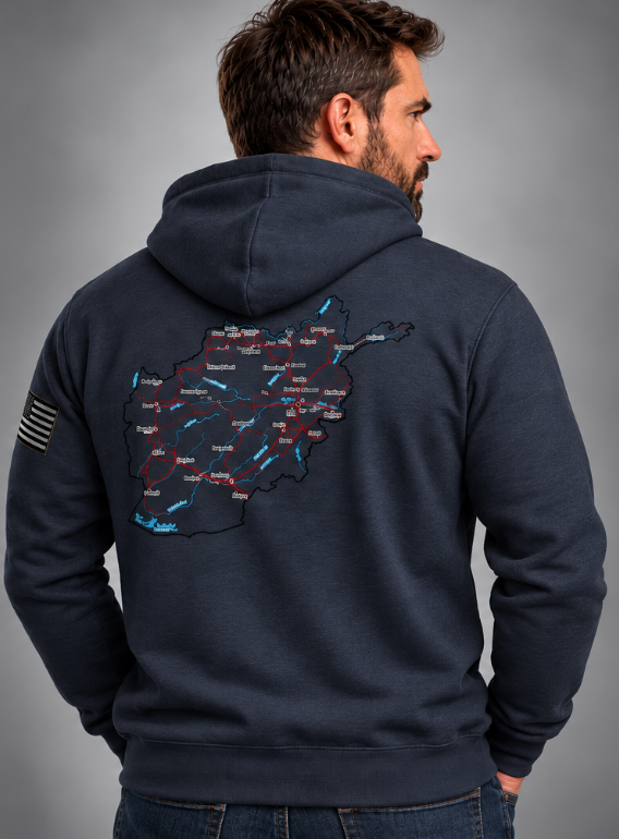 Afghanistan Veteran Detailed Map Hoodie - Lifestyle Photo (Back Print) | Ironsight Syndicate