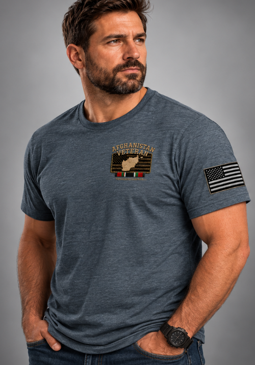 Afghanistan Veteran Detailed Map T-Shirt - Lifestyle Photo (Front) | Ironsight Syndicate