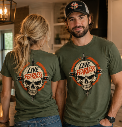 Live Fearless Skull Military T-Shirt (Front and Back) | Ironsight Syndicate