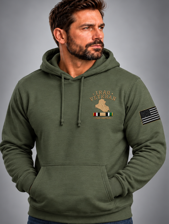 Iraq Veteran Detailed Map Hoodie - Lifestyle Photo (Front) | Ironsight Syndicate