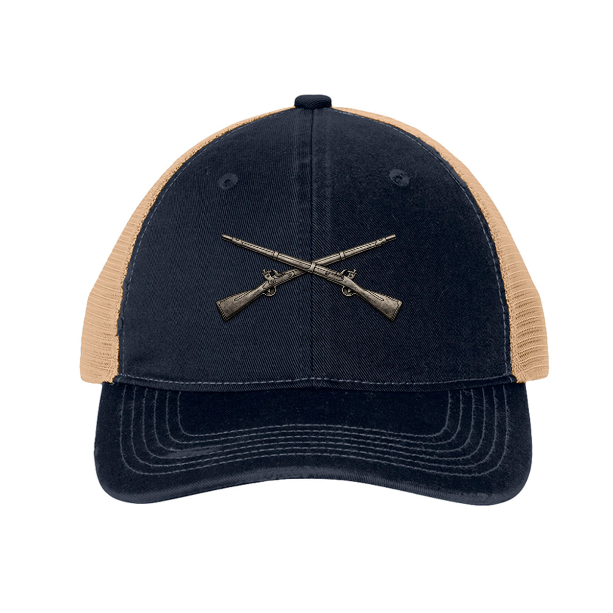 Crossed Rifles Trucker Hat - River Blue Navy/ Khaki | Ironsight Syndicate