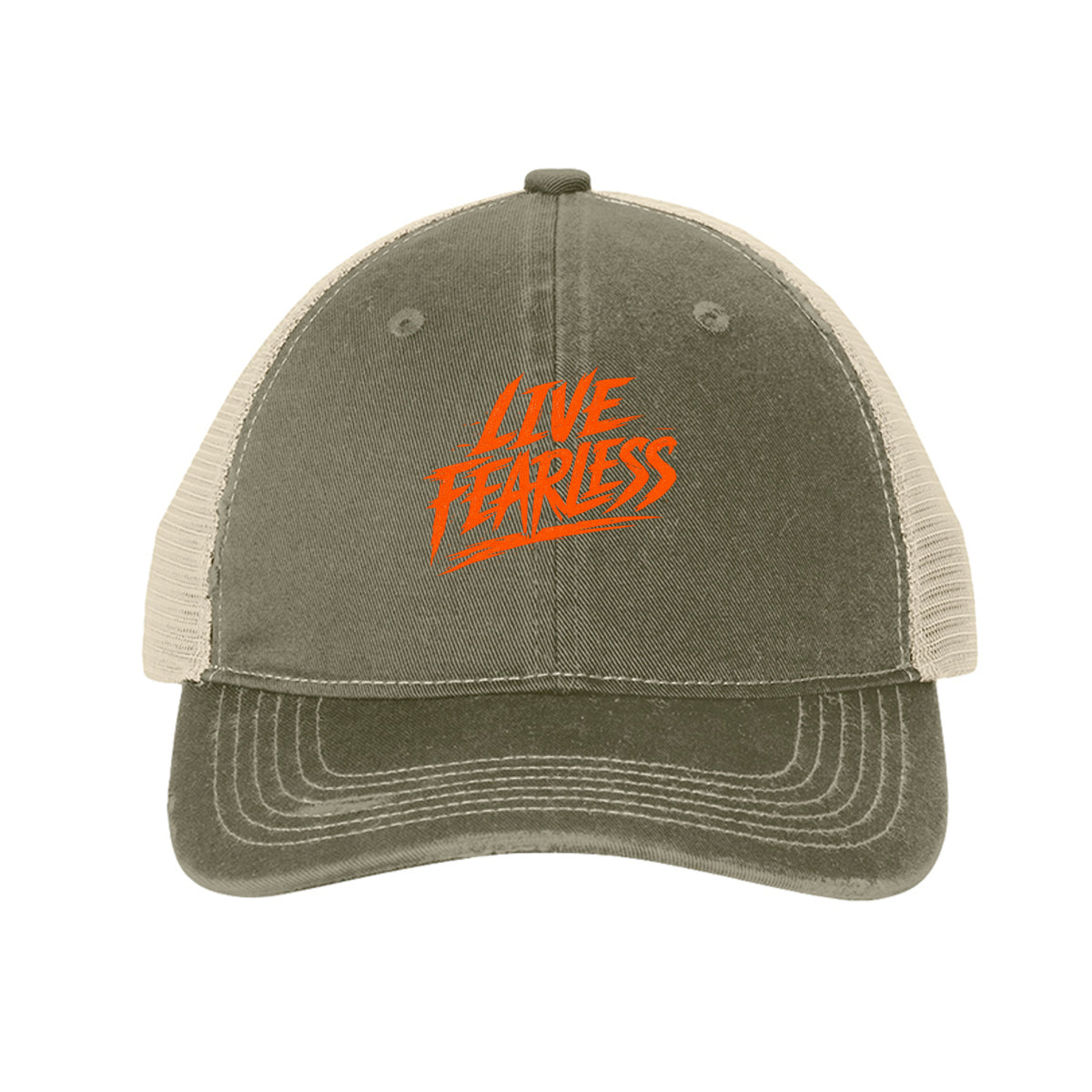 Live Fearless Trucker Hat - Light Olive/ Stone | Ironsight Syndicate