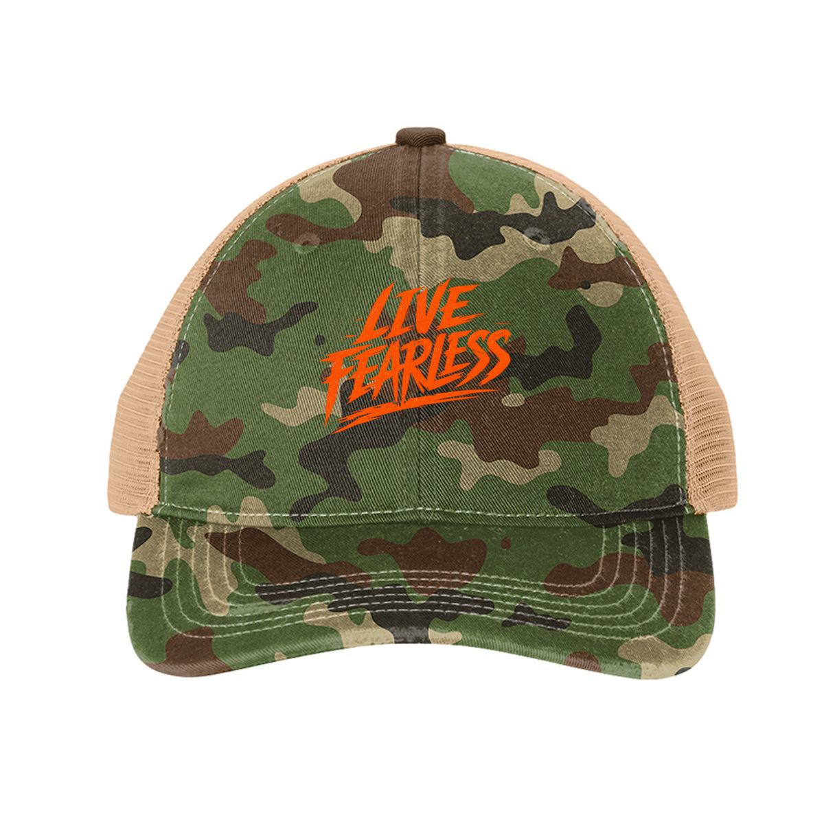 Live Fearless Trucker Hat - Military Camo/ Khaki | Ironsight Syndicate