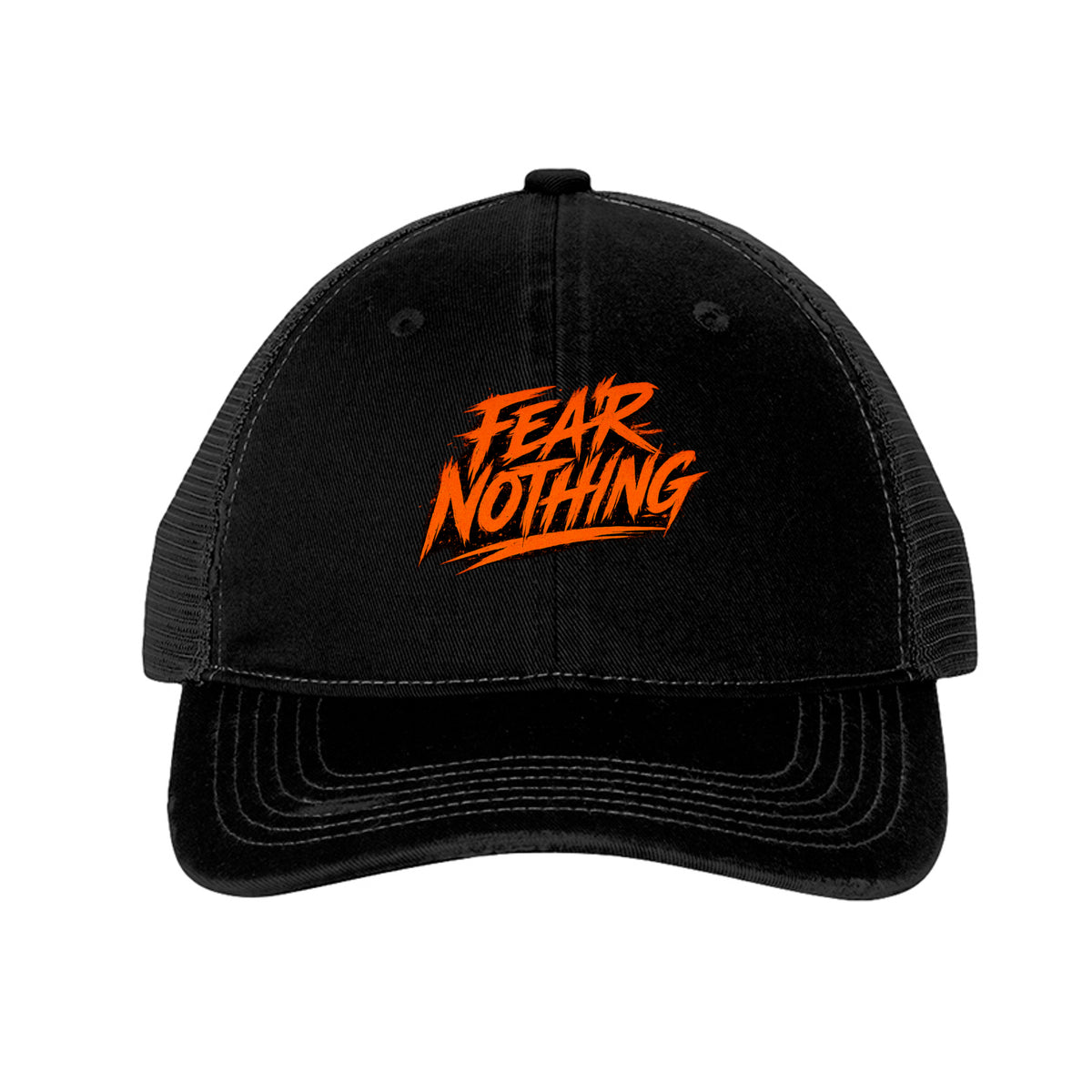 Fear Nothing Orange Trucker Hat - Black/ Black | Ironsight Syndicate