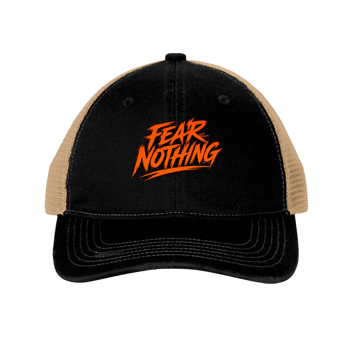 Fear Nothing Orange Trucker Hat - Black/ Khaki | Ironsight Syndicate