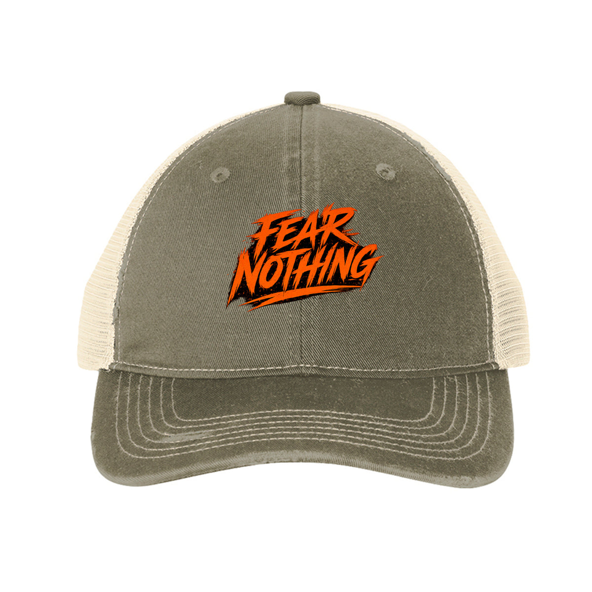Fear Nothing Orange Trucker Hat - Khaki/ Stone | Ironsight Syndicate