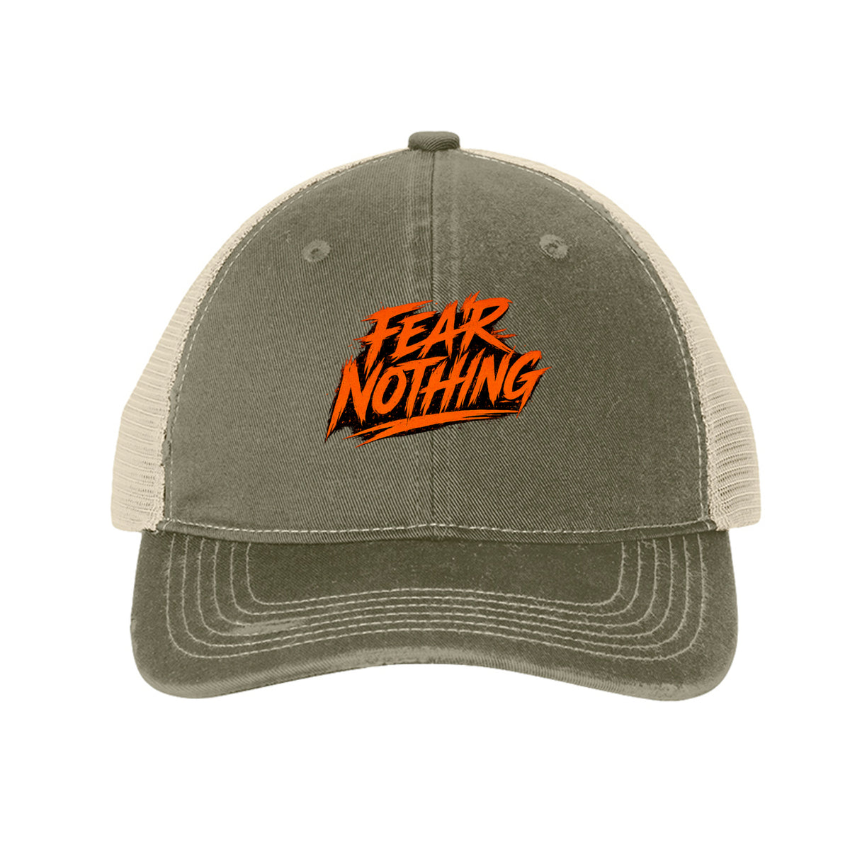 Fear Nothing Orange Trucker Hat - Light Olive/ Stone | Ironsight Syndicate