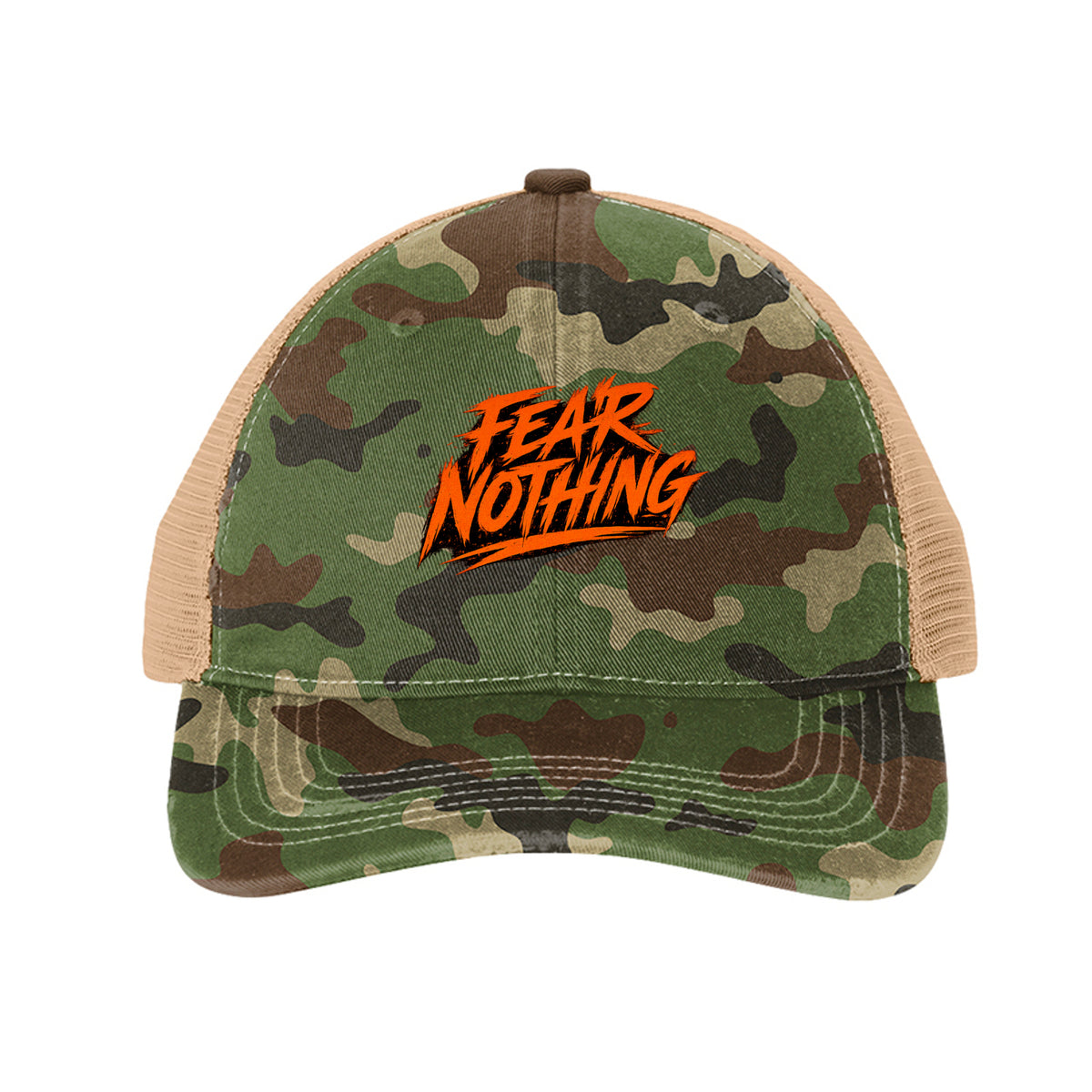 Fear Nothing Orange Trucker Hat - Military Camo/ Khaki | Ironsight Syndicate