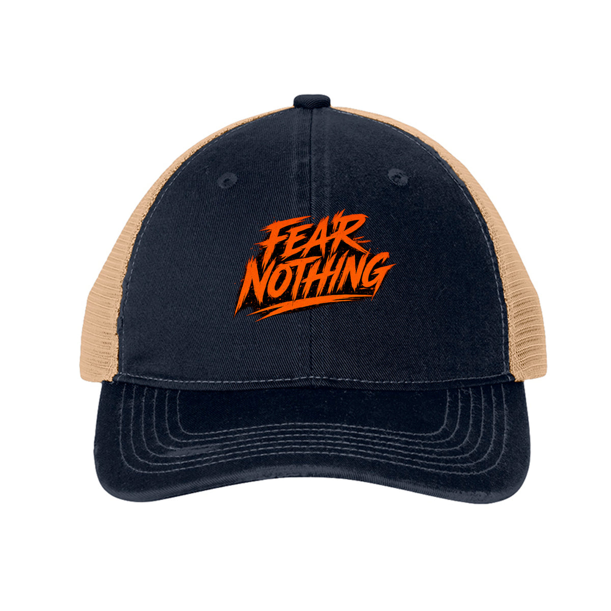 Fear Nothing Orange Trucker Hat - River Blue Navy/ Khaki | Ironsight Syndicate