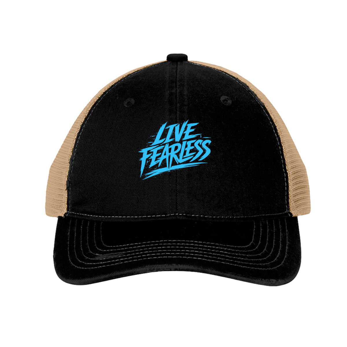 Live Fearless Blue Trucker Hat - Black/ Khaki | Ironsight Syndicate