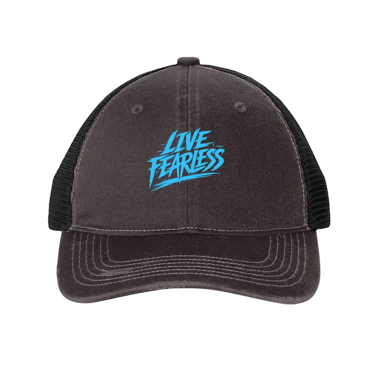 Live Fearless Blue Trucker Hat - Grey Steel/ Black | Ironsight Syndicate