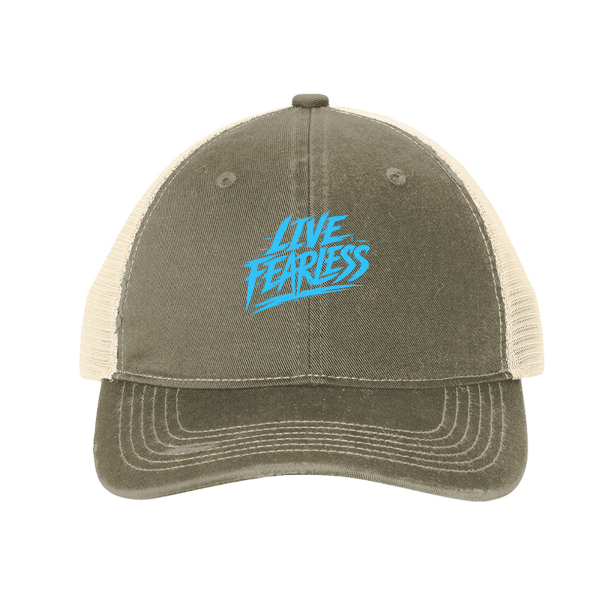 Live Fearless Blue Trucker Hat - Khaki/ Stone | Ironsight Syndicate