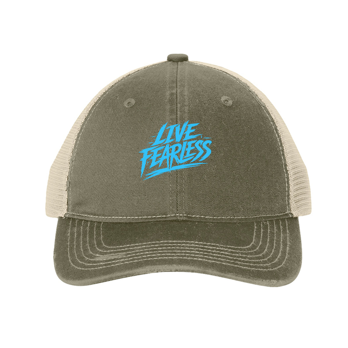 Live Fearless Blue Trucker Hat - Light Olive/ Stone | Ironsight Syndicate